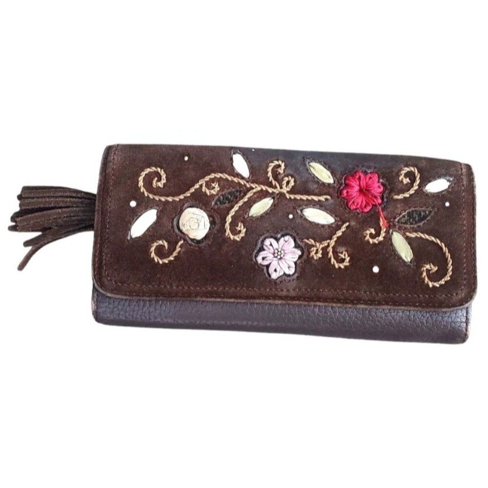 Brighton Women's Brown Leather‎ Floral Embroidered Wallet